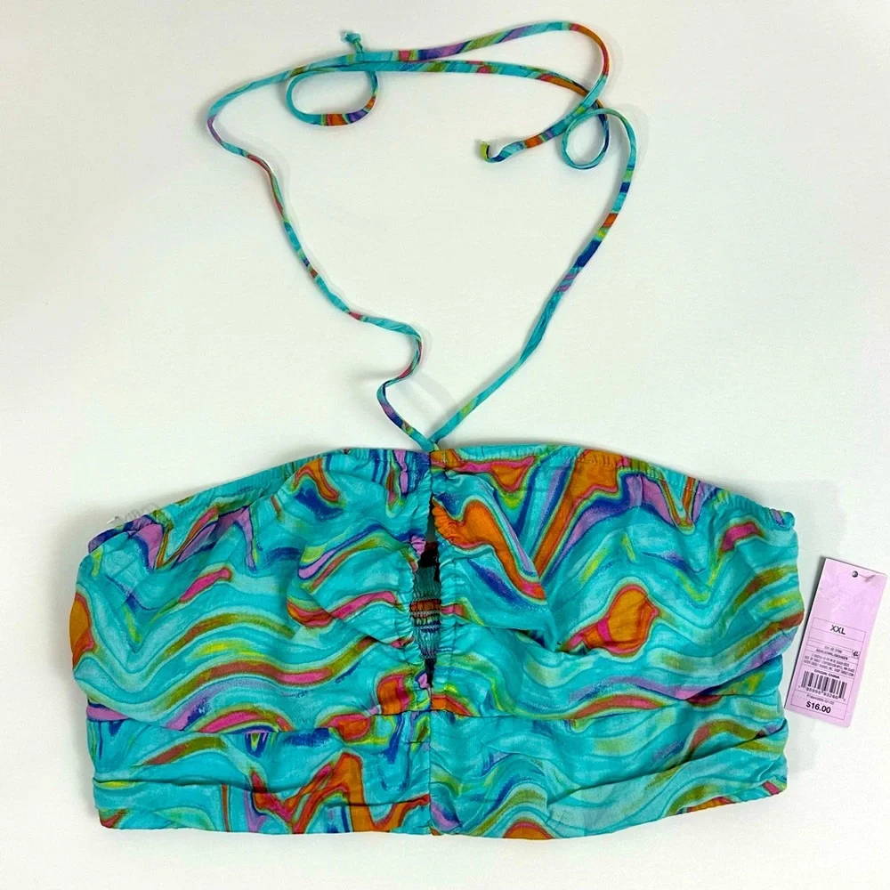 Wild fable Aqua Blue Swirl Keyhole Halter Bandeau Top Elastic Back XXL